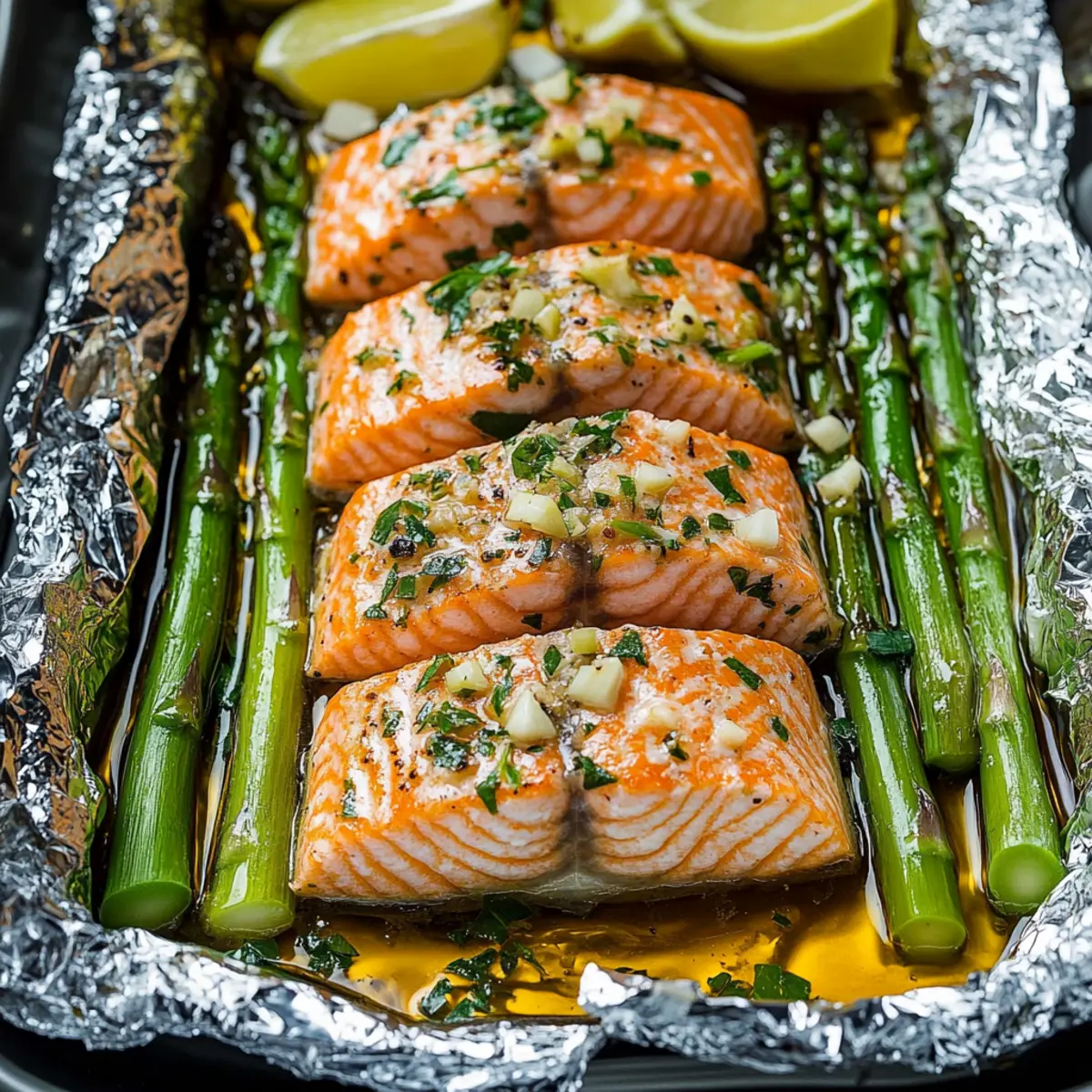Minute Baked Salmon & Asparagus Foil Packs with Lemon Garlic Butter